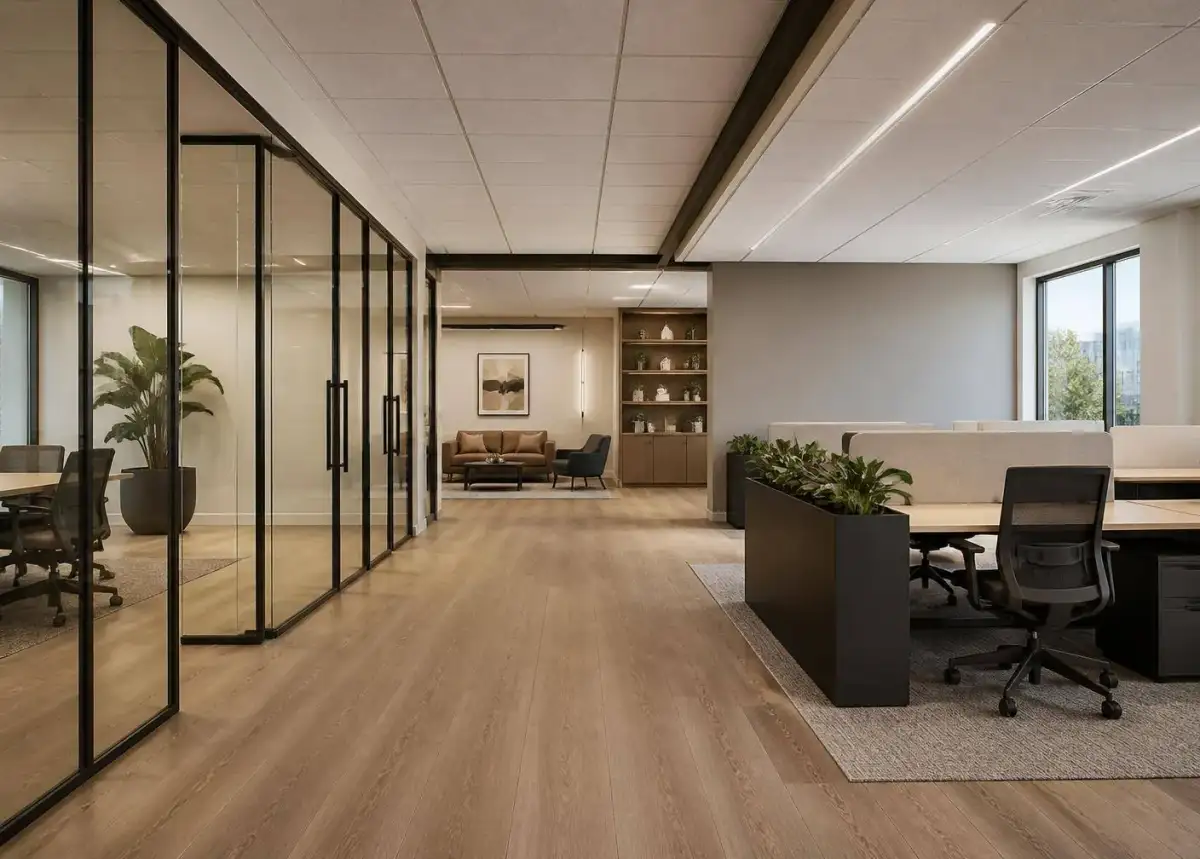 Bright contemporary office interior with glazed and solid partitions