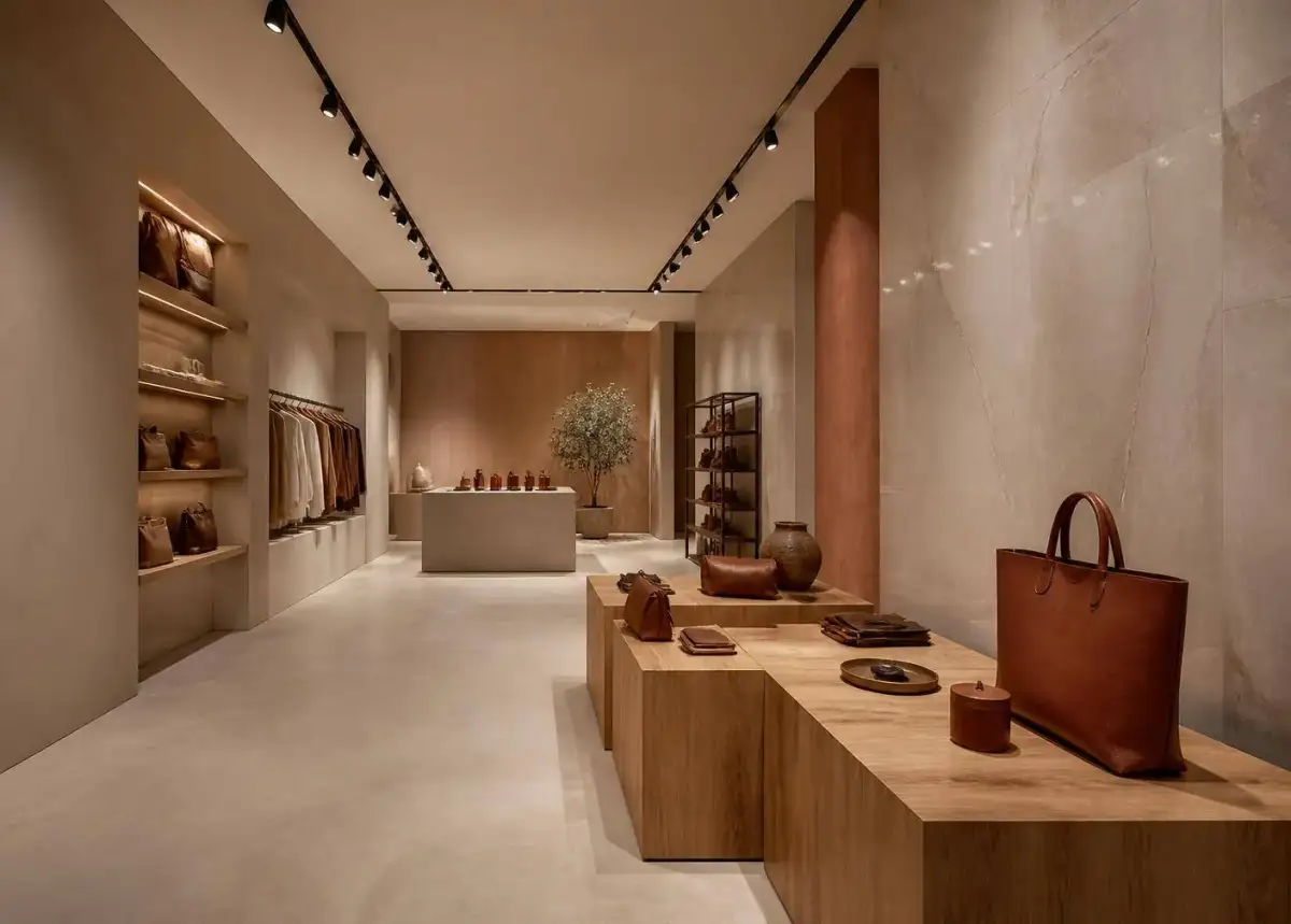 Modern retail interior with warm lighting and clean surfaces