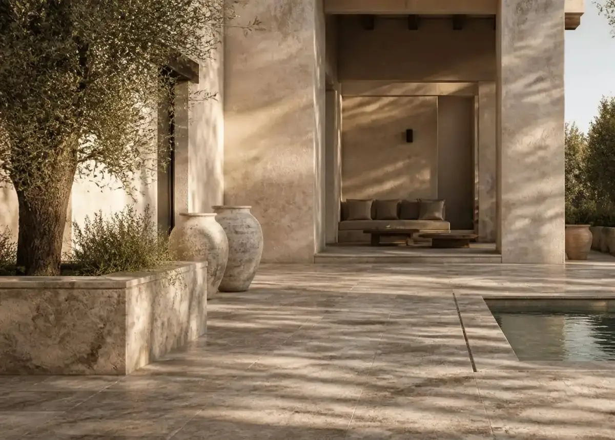Travertine-look porcelain terrace paving beside a pool edge with olive tree shadows