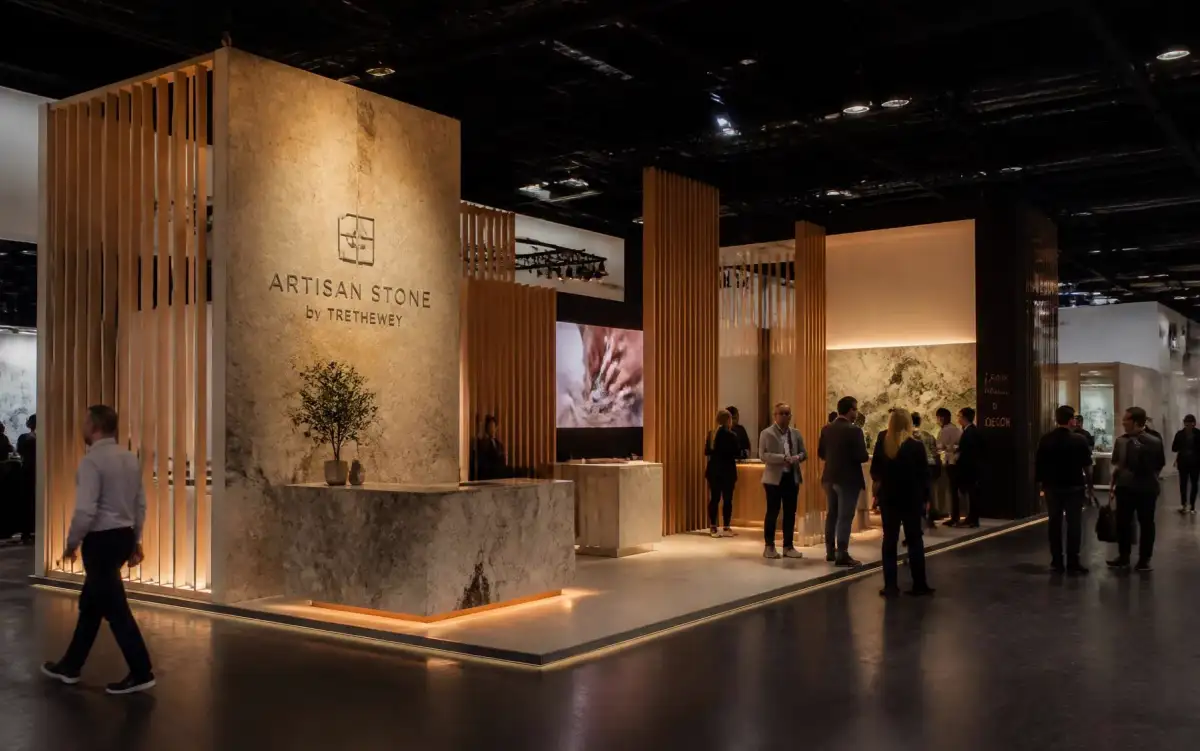 Custom exhibition stand with timber walls, stone counters and accent lighting