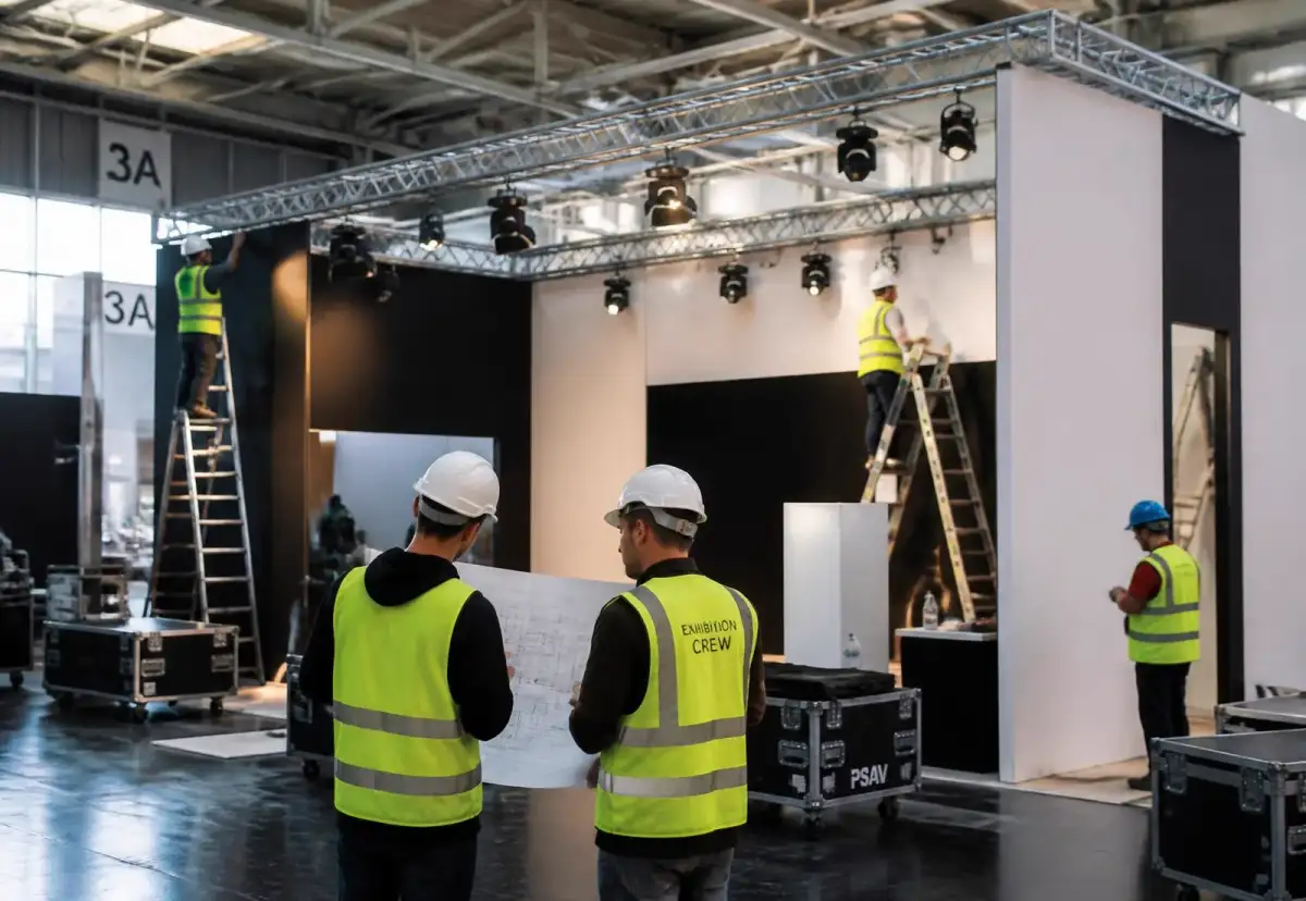 Exhibition crew installing stand walls and truss lighting