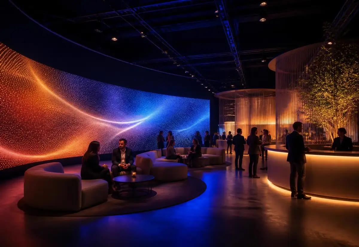 Exhibition pavilion with a curved LED screen wall